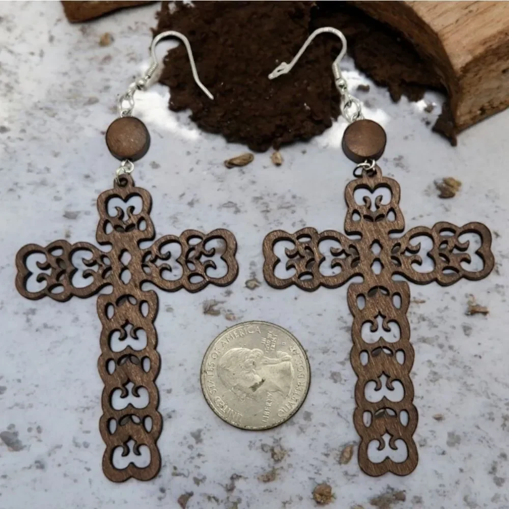 Large Ornate Wooden Cross Earrings Christian Prayer Pendant Religious Jewelry